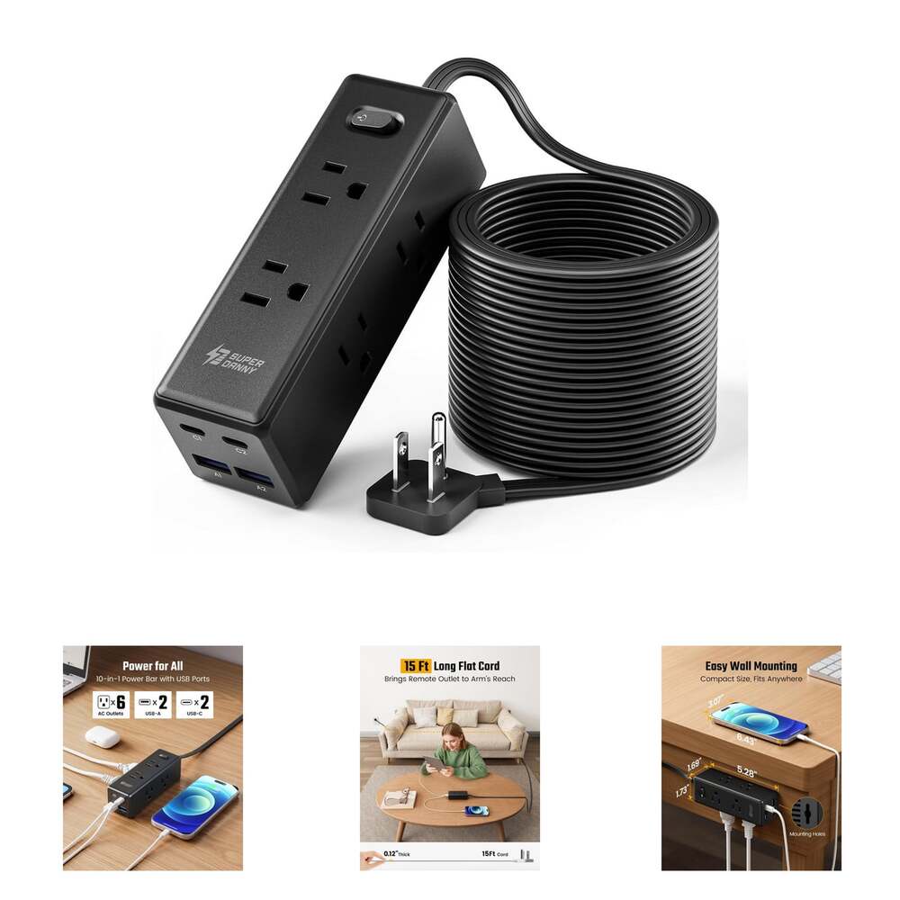 15Ft Extension Cord Power Strip with Multiple Outlets Flat Plug 6 Outlets 4 USB